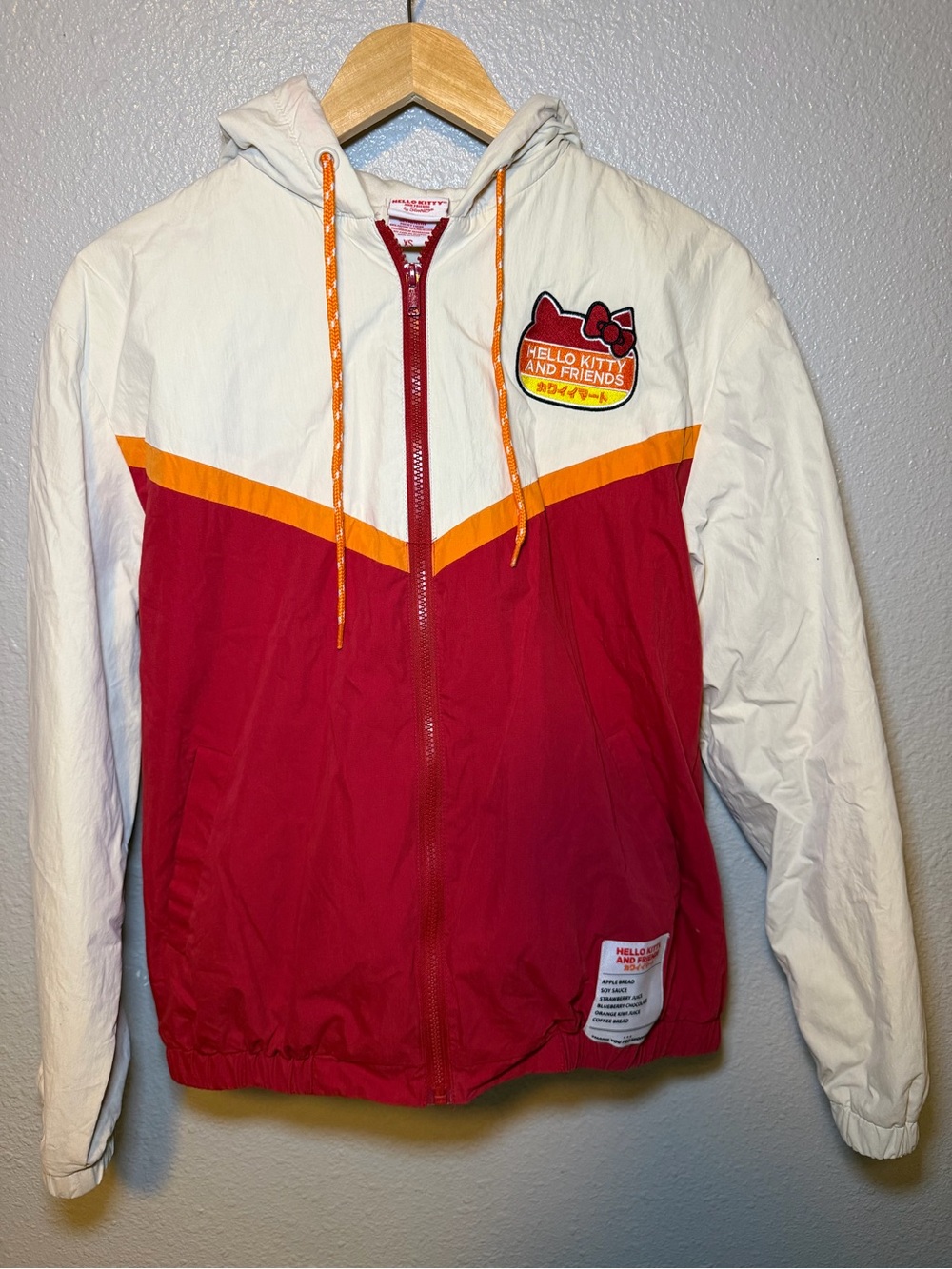Hello Kitty Red, White & Orange Colorblock Hooded Windbreaker Jacket oversizedxs